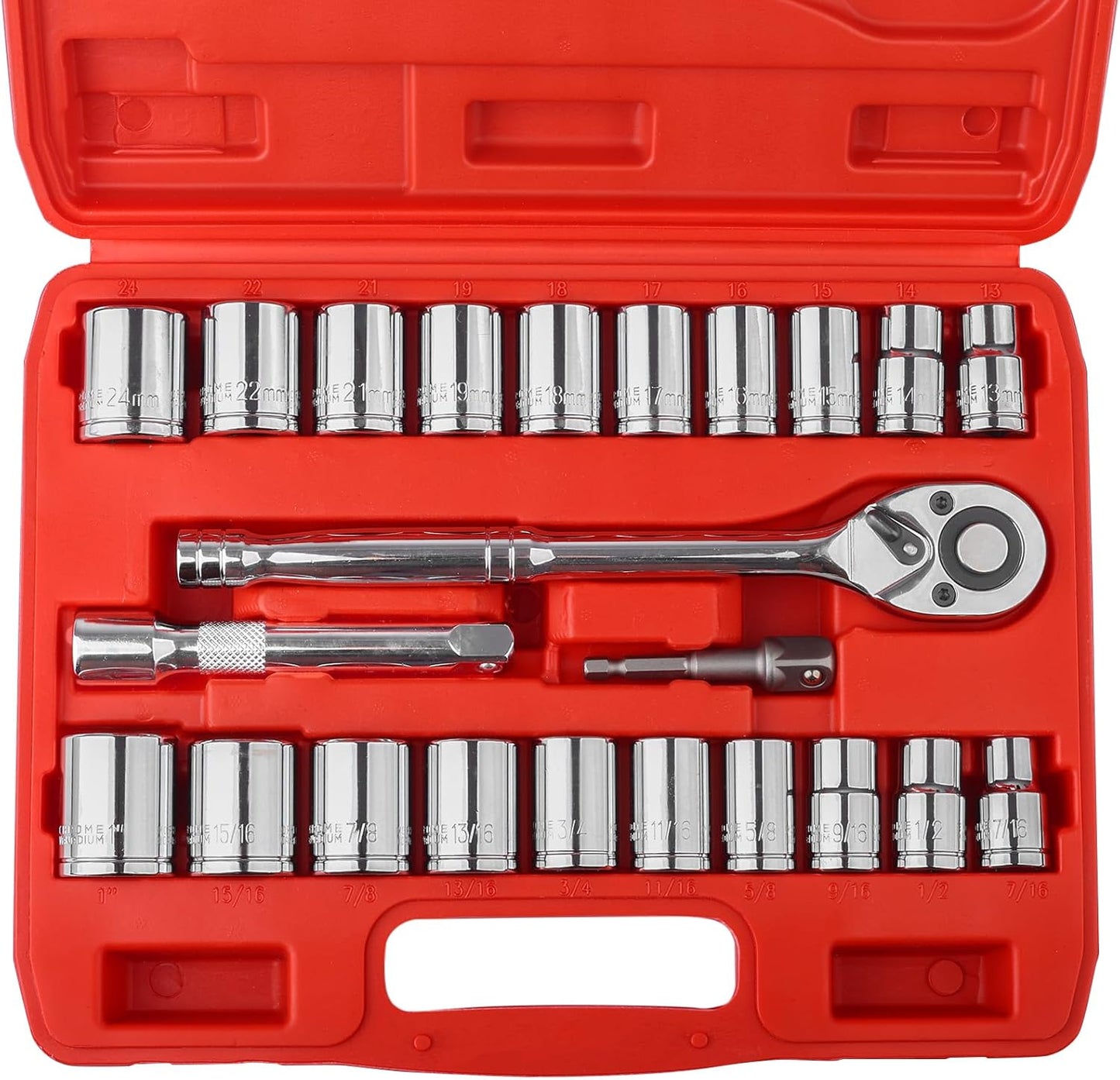 Egofine 46 Pieces 1/4 inch Drive Socket Ratchet Wrench Set, with Bit Socket Set Metric and Extension Bar for Auto Repairing and Household, with Storage Case