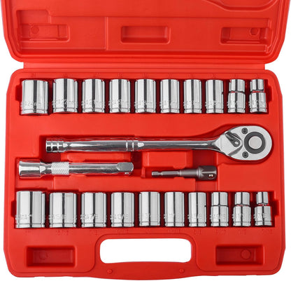 Egofine 46 Pieces 1/4 inch Drive Socket Ratchet Wrench Set, with Bit Socket Set Metric and Extension Bar for Auto Repairing and Household, with Storage Case