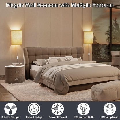 Battery Operated Wall Sconce Set of Two: 10000mAh Wireless Wall Light with Rechargeable Magnetic Bulb - Dimmable Wall Lamp with 7 RGB Colors - Linen Shade Sconces with Remote for Bedroom Living Room