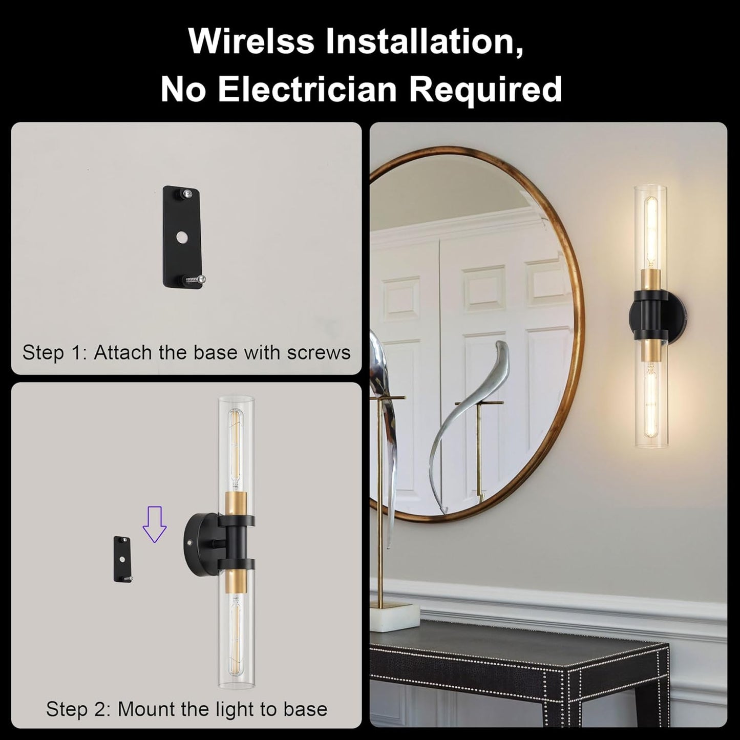 SANTOSTOCK Gold Battery Operated Wall Sconce Set of 2, 12000mAh Rechargeable Wall Lights with Remote Control, Wireless Dimmable Wall Lamps for Bedroom Living Room Bathroom Hallway Stairwell