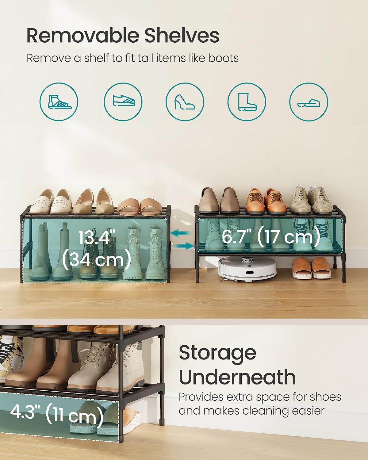 SONGMICS 2-Tier Shoe Rack for Closet, Compact Metal Shoe Organizer Shelf for Entryway, Bedroom, Small Spaces, Stackable, 11.8 x 24.5 x 12.2 Inches, Black ULSA122BH01