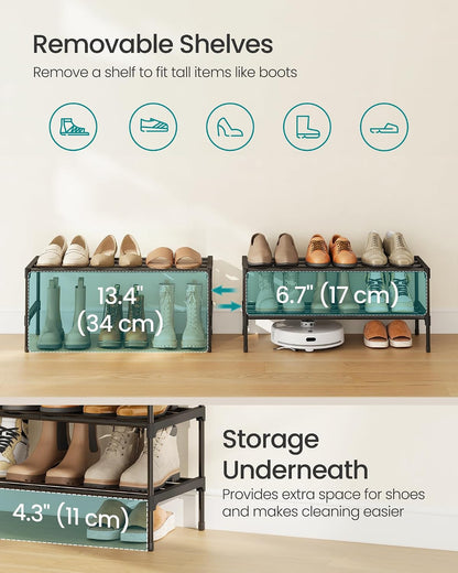 SONGMICS 2-Tier Shoe Rack for Closet, Compact Metal Shoe Organizer Shelf for Entryway, Bedroom, Small Spaces, Stackable, 11.8 x 24.5 x 12.2 Inches, Black ULSA122BH01