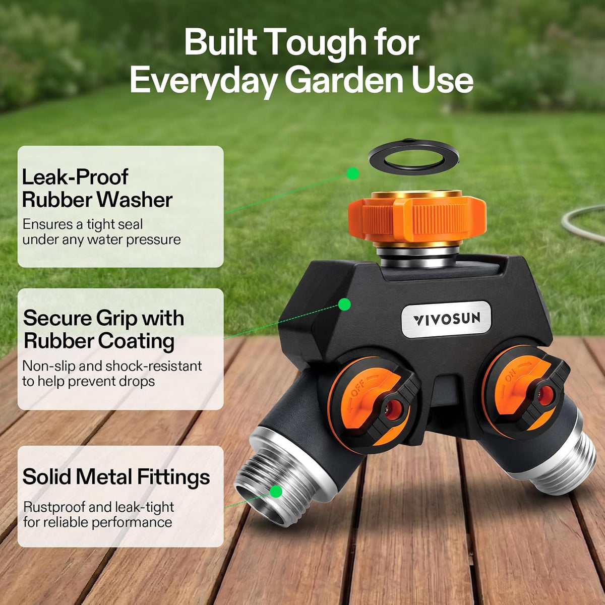 VIVOSUN Garden Hose Splitter 2 Way Heavy Duty, Upgraded Highly Durable Dual Water Hose Connector, Faucet Adapter with Comfortable Rubberized Grip for Drip Irrigation, Lawns