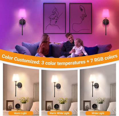 Nekhung Battery Operated Wall Sconces Set of Two, Wireless Battery Wall Light with 10000mAh RGB Dimmable Magnetic Bulb and Remote, Rechargeable Sconce Wall Decor for Bedroom Living Room Hallway