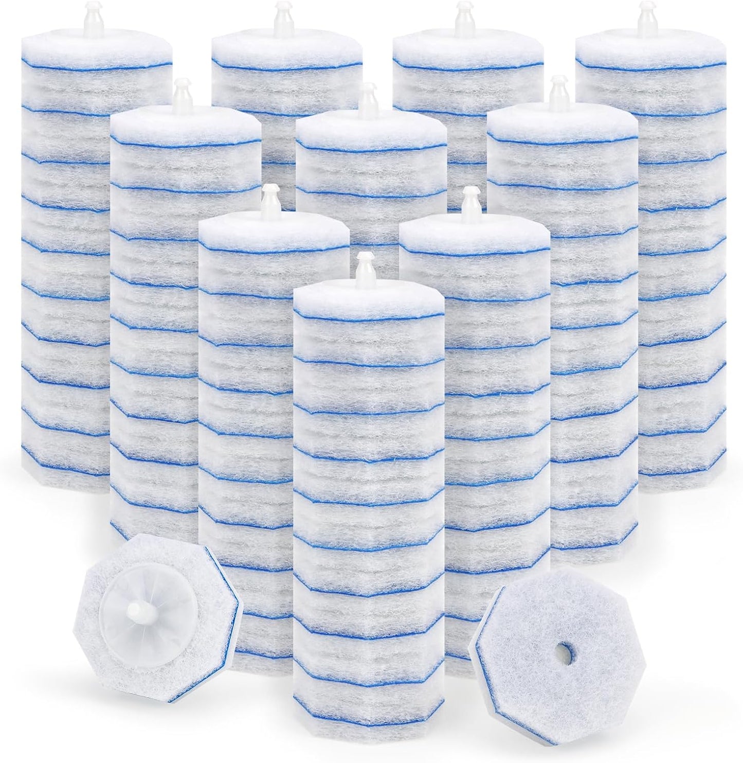 50 Pack Disposable Toilet Brush Refills, Universal Compatible Replacement Heads, 3-Layer Deep Cleaning Sponges for Bathroom Wand, Blue & White Striped Scrubbers