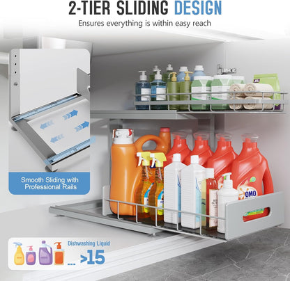 Under Sink Organizer Upgrade To Professional Rails,2-Tier Dual Pull Out Cabinet Storage,Height Adjustable Slide Out Drawers For Bathroom Kitchen,2 Pack-14.5" Dx12.8-16.9" H,White
