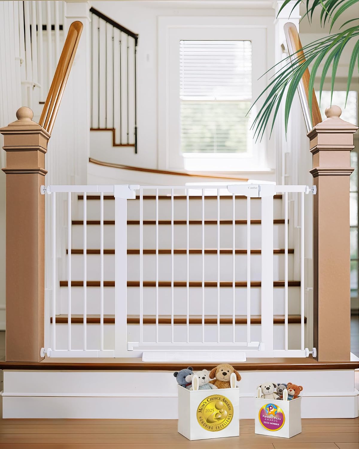 Cumbor 29.7-48" Baby Gate for Stairs, Mom's Choice Awards Winner-Dog Gate for Doorways, Auto Close Safety Pet Gate for Dogs Indoor, Easy Install Pressure Mounted Child Gate with Walk Thru Door, Brown