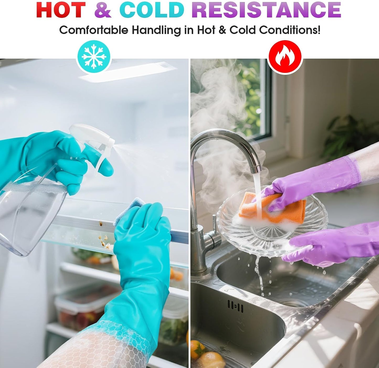 Elgood Reusable Long Sleeve Dishwashing Cleaning Gloves with Latex Free,Cotton Lining,Kitchen Gloves 2 Pairs,Purple+Blue M