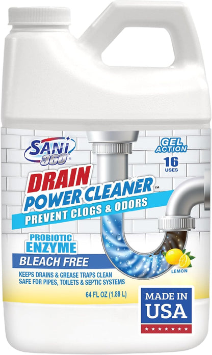Sani 360 Drain Power Cleaner, Enzyme Probiotic Odor remover, Drain and Garbage Disposal Cleaner, Flush Away Grease, Soap Scum, Lemon scent Septic safe. Save Money on Plumbing, 16 uses, Made in the USA