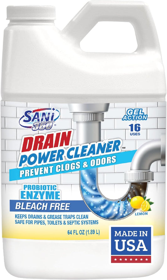 Sani 360 Drain Power Cleaner, Enzyme Probiotic Odor remover, Drain and Garbage Disposal Cleaner, Flush Away Grease, Soap Scum, Lemon scent Septic safe. Save Money on Plumbing, 16 uses, Made in the USA