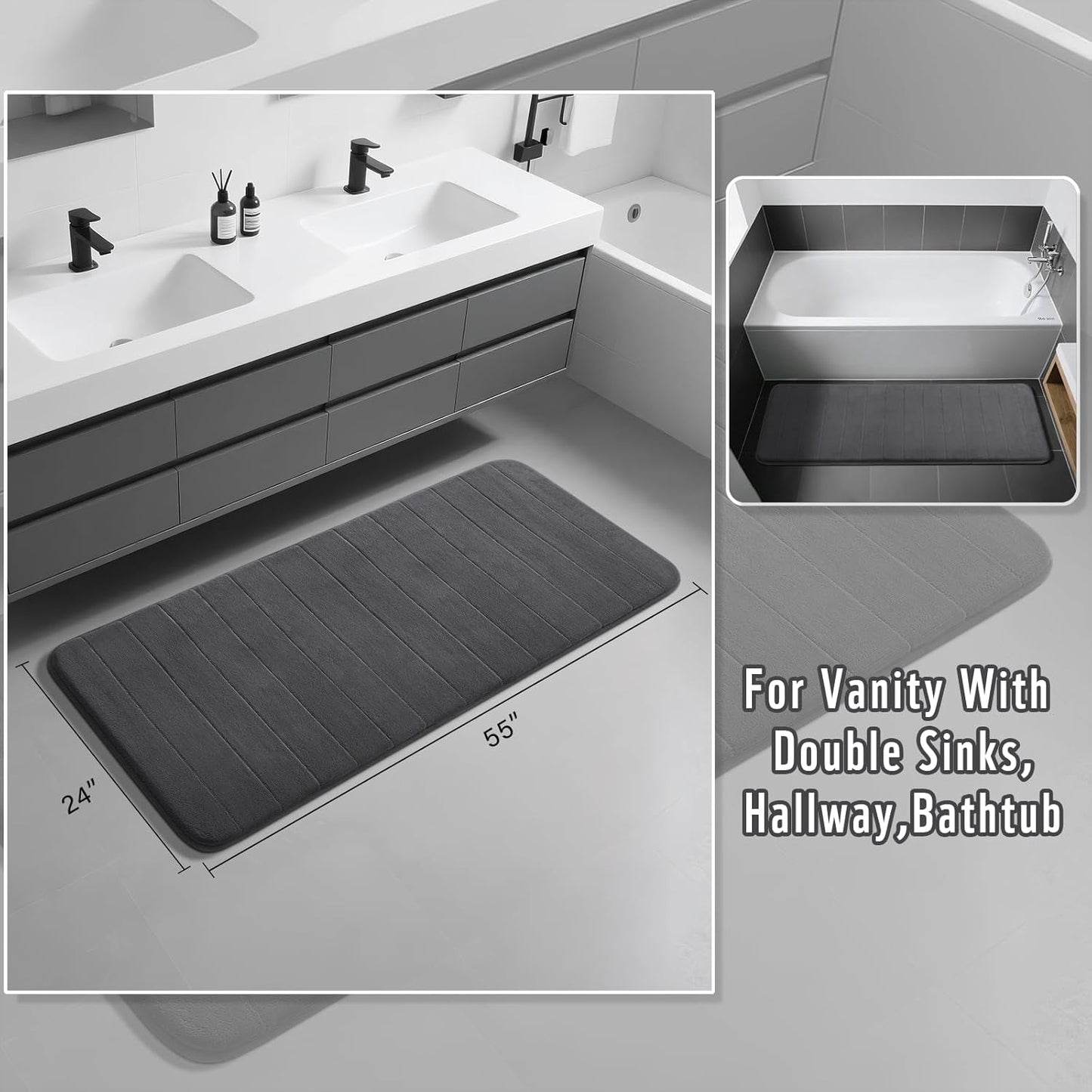 Yimobra Memory Foam Bath Mat, Super Soft Absorbent Bathroom Rug Non Slip, Quick Dry, Machine Washable Floor Carpet for Tub Shower, Home Decor Accessories, 24x17, Grey