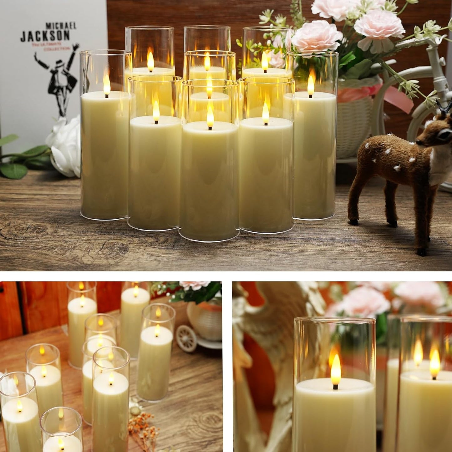 kakoya Flickering Flameless Candles Battery Operated with Remote and 2/4/6/8 H Timer Plexiglass Led Pillar Candles Pack of 9(D2.3 xH5.5 6.5" 7.5") with Realistic 3D Wick Candles for Home Decor(Ivory)