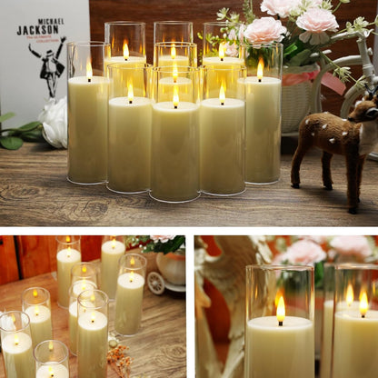 kakoya Flickering Flameless Candles Battery Operated with Remote and 2/4/6/8 H Timer Plexiglass Led Pillar Candles Pack of 9(D2.3 xH5.5 6.5" 7.5") with Realistic 3D Wick Candles for Home Decor(Ivory)