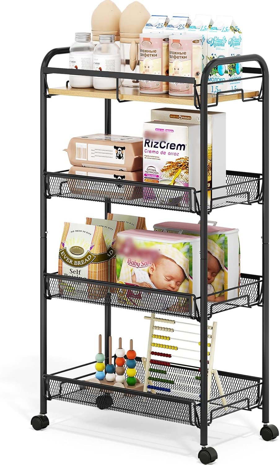 TOOLF 4-Tier Slim Rolling Cart, Metal Utility Cart, Slide Out Storage Cart with Wooden Tabletop and Mesh Baskets for Narrow Space on Kitchen Bathroom Laundry Room Bedroom Apartments Dormitory