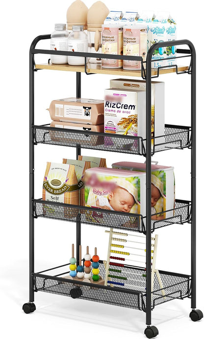 TOOLF 4-Tier Slim Rolling Cart, Metal Utility Cart, Slide Out Storage Cart with Wooden Tabletop and Mesh Baskets for Narrow Space on Kitchen Bathroom Laundry Room Bedroom Apartments Dormitory