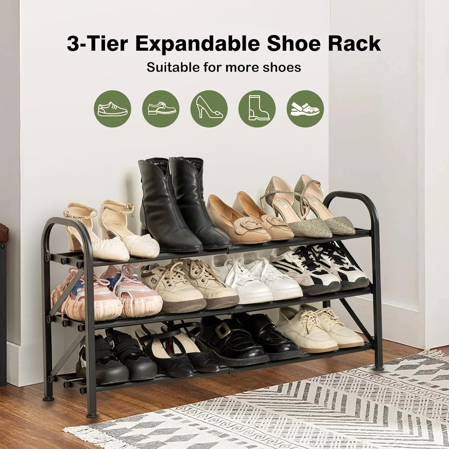 4-Tier Expandable Shoe Rack, Stackable and Adjustable Shoes Organizer Storage Shelf, Sturdy and Durable Metal Structure Free Standing Shoe Rack for Closet Entryway Doorway