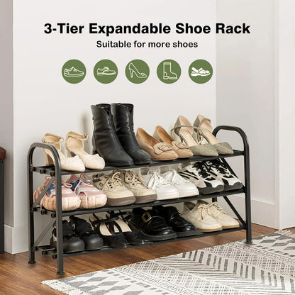 4-Tier Expandable Shoe Rack, Stackable and Adjustable Shoes Organizer Storage Shelf, Sturdy and Durable Metal Structure Free Standing Shoe Rack for Closet Entryway Doorway