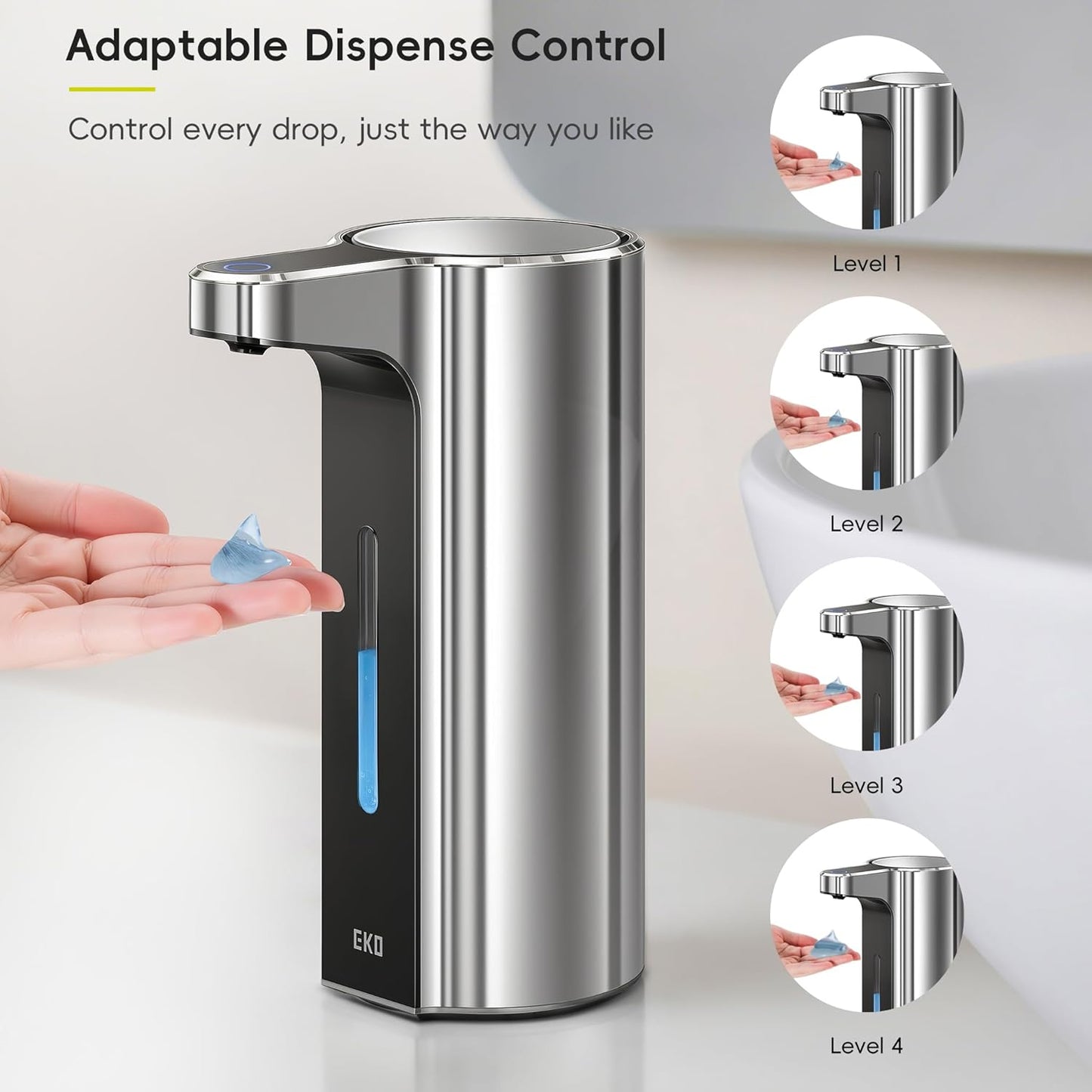 EKO Aroma 9 fl oz Automatic Liquid Soap Dispenser, Rechargeable & Water-Resistant Soap Dispenser for Kitchen and Bathroom with Adjustable Volume Control (Matte Black Steel)