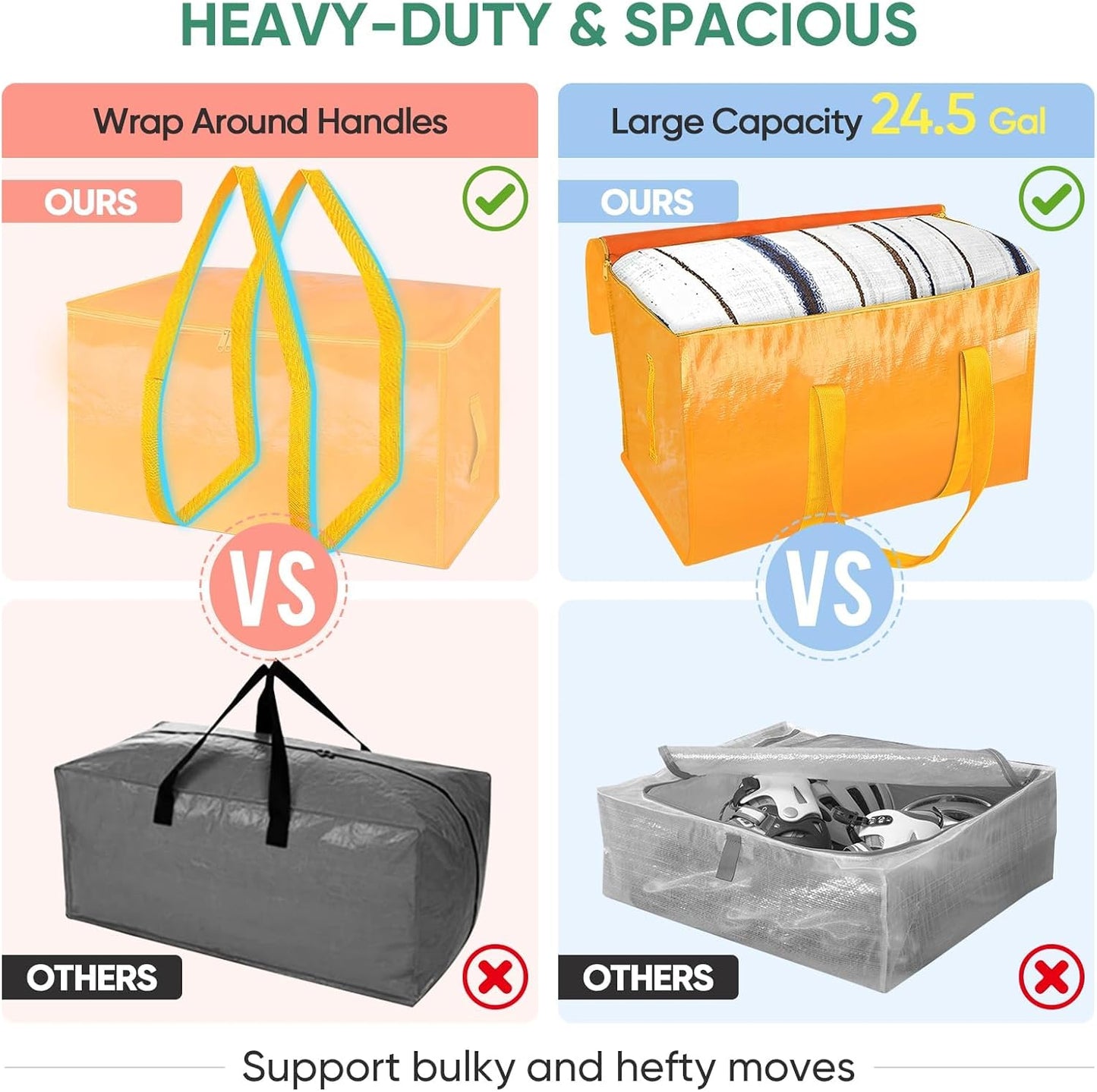 BALEINE 6-Pack Oversized Moving Bags with Reinforced Handles, Heavy-Duty Storage Tote for Clothes, Moving Supplies (Clear, 6-Pack)