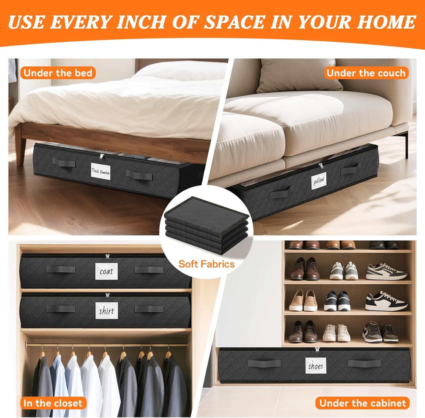 SpaceWhisper 90L Under Bed Storage Containers, 4-Pack Storage Bins with Clear Top, Foldable Closet Organizers and Storage with Label Holder for Clothing, Blankets, Comforter & Pillows (Grey)