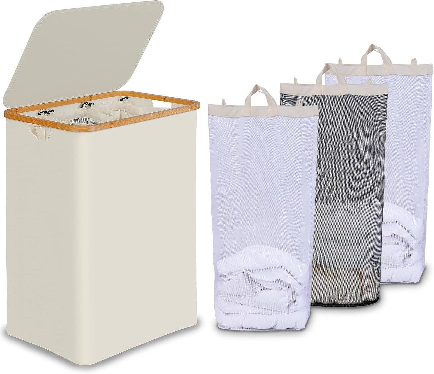 efluky Laundry Hamper with Lid, Trio Laundry Basket with 2 Removable Bags, 3 Section Laundry Bin with Bamboo Handles for Bathroom, Bedroom & Laundry Room, 160L (42.3 Gallon) Beige
