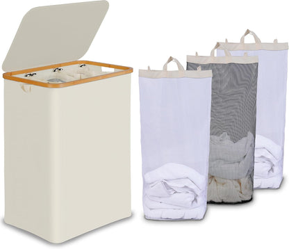 efluky Laundry Hamper with Lid, Trio Laundry Basket with 2 Removable Bags, 3 Section Laundry Bin with Bamboo Handles for Bathroom, Bedroom & Laundry Room, 160L (42.3 Gallon) Beige