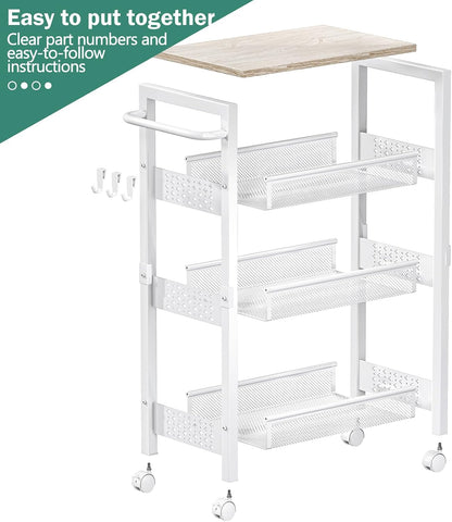 Vivihomety Utility Slim Storage Cart with Wheels, 4 Tier Small Rolling Cart with Wood Top, Metal Kitchen Bathroom Laundry Room Organization Trolley with Handle for Narrow Space – Black