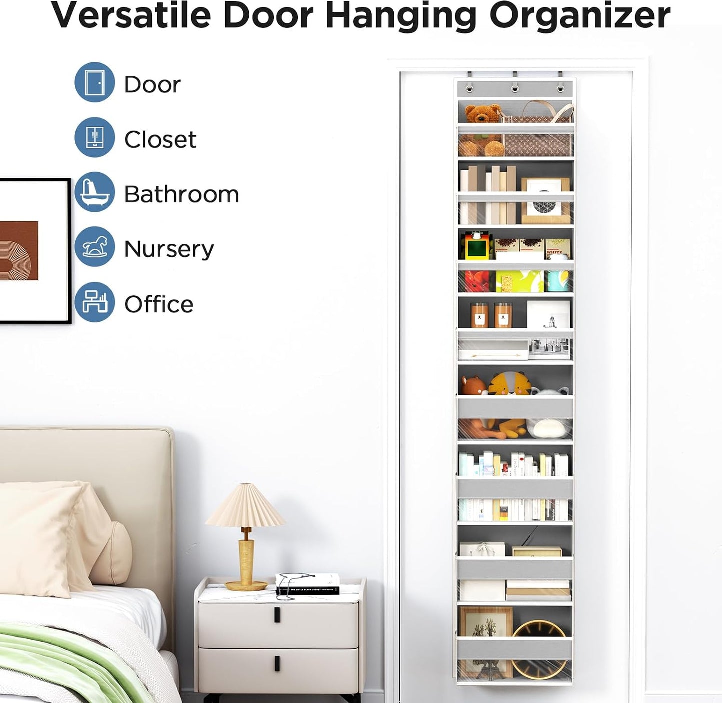 6 Tiers Over The Door Organizer, Heavy Duty Hanging Organizer Storage with Large Capacity Pockets, Behind Door Storage Hanging Shelves for Closet Wall Bathroom Bedroom Nursery Pantry, 1 Pack Grey