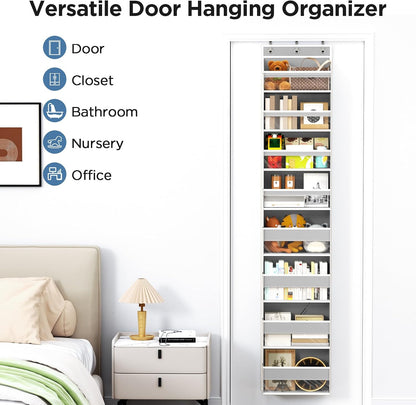 6 Tiers Over The Door Organizer, Heavy Duty Hanging Organizer Storage with Large Capacity Pockets, Behind Door Storage Hanging Shelves for Closet Wall Bathroom Bedroom Nursery Pantry, 1 Pack Grey