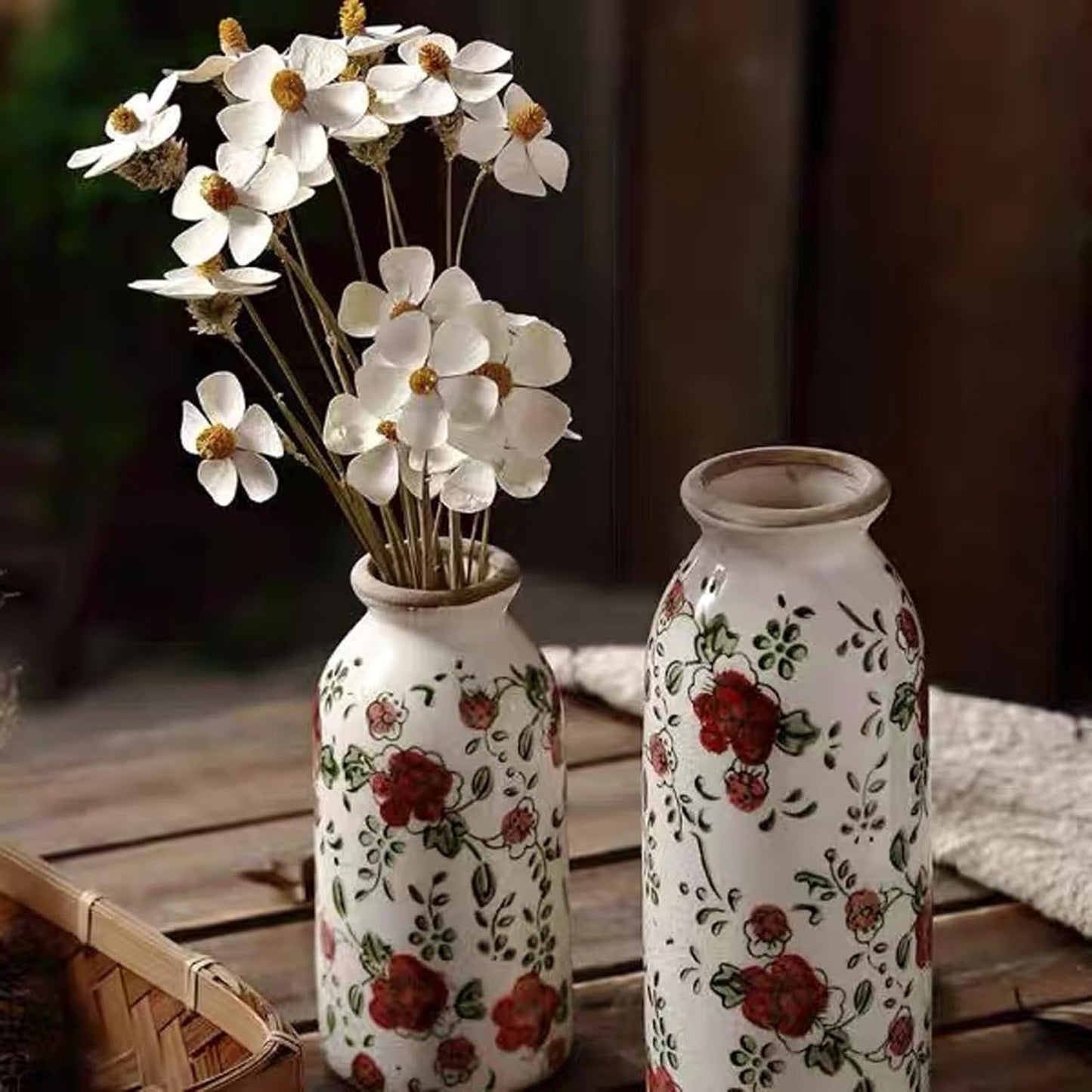 Rustic Ceramic Vase Set of 3 - Beige Rustic Vases for Flowers,Farmhouse Flower Vases for Home Decor,Small Decorative Vase Set for Living Room,Table Shelf,Centerpieces and Fireplace Decorations