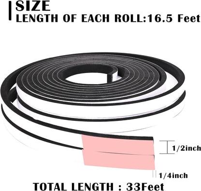 Black Foam Insulation Tape with Self-Adhesive Backing,Closed Cell Foam Weatherstripping 1/2 inch Wide x 3/8 inch Thick,Soundproofing Door Weather Seal Strip for Door and AC Window Seal,High Denisty