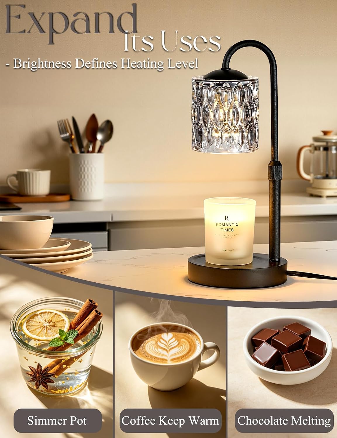 Briever Dimmable Candle Warmer Lamp with Timer, Height Adjustable Electric Candle Wax Warmer, Christmas Birthday Gifts for Women Mom, House Warming Gifts New Home Room Decor, Walnut Solid Wood Base