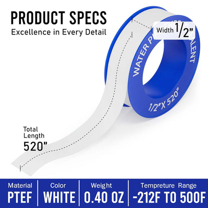 D-NYX Teflon Tape 4 Rolls 1/2 Inch(W) X 520 Inches(L) Teflon Duct Sealant Tape for Shower Head, Plumbing Thread Tapes, Water Pipe Sealing Plumbers PTFE Thread Seal, Pipe Dope Plumbers Accessories