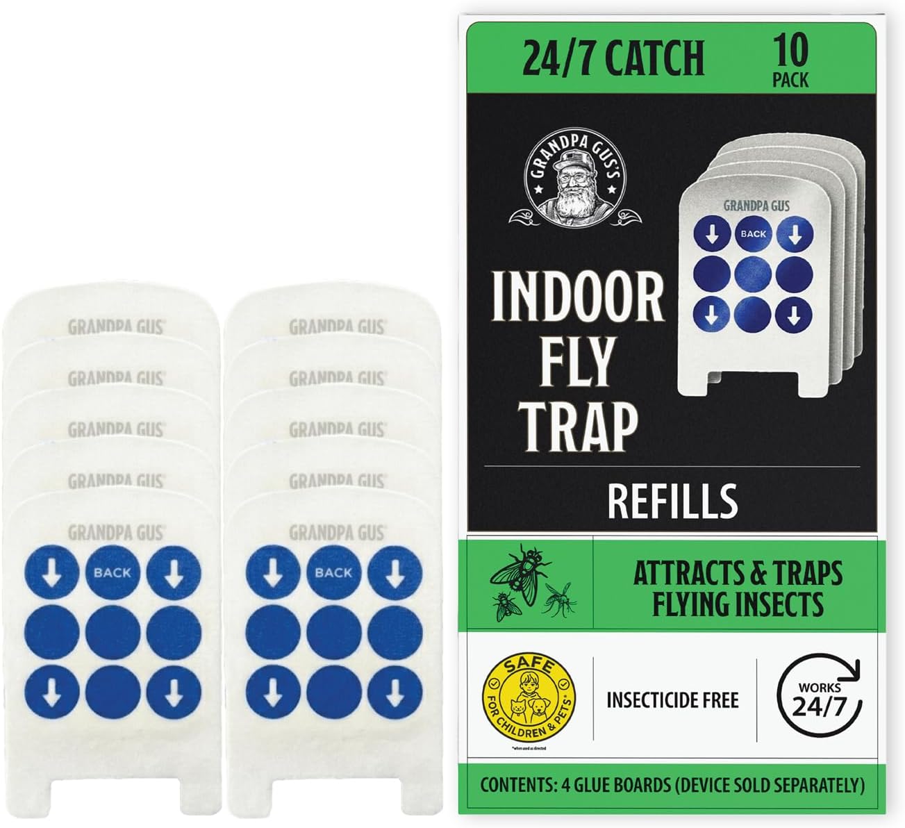 Grandpa Gus’s Indoor Fly Trap Plug-In - UV Light Insect Catcher for Flies, Gnats, Fruit Flies, Mosquitoes & Moths - No Insecticides, Sticky Glue Trap for Kitchen, Garage, Includes 3 Refill Glue Boards