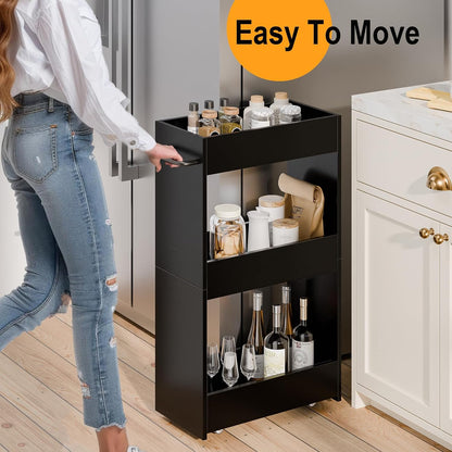 MARTY Wood Rolling Storage Cart 7.9" W, 3 Tier White Slim Utility Kitchen Cart on Wheels Laundry Room Bathroom Organizers Narrow Shelves with Handle Mobile Shelving Unit for Small Places