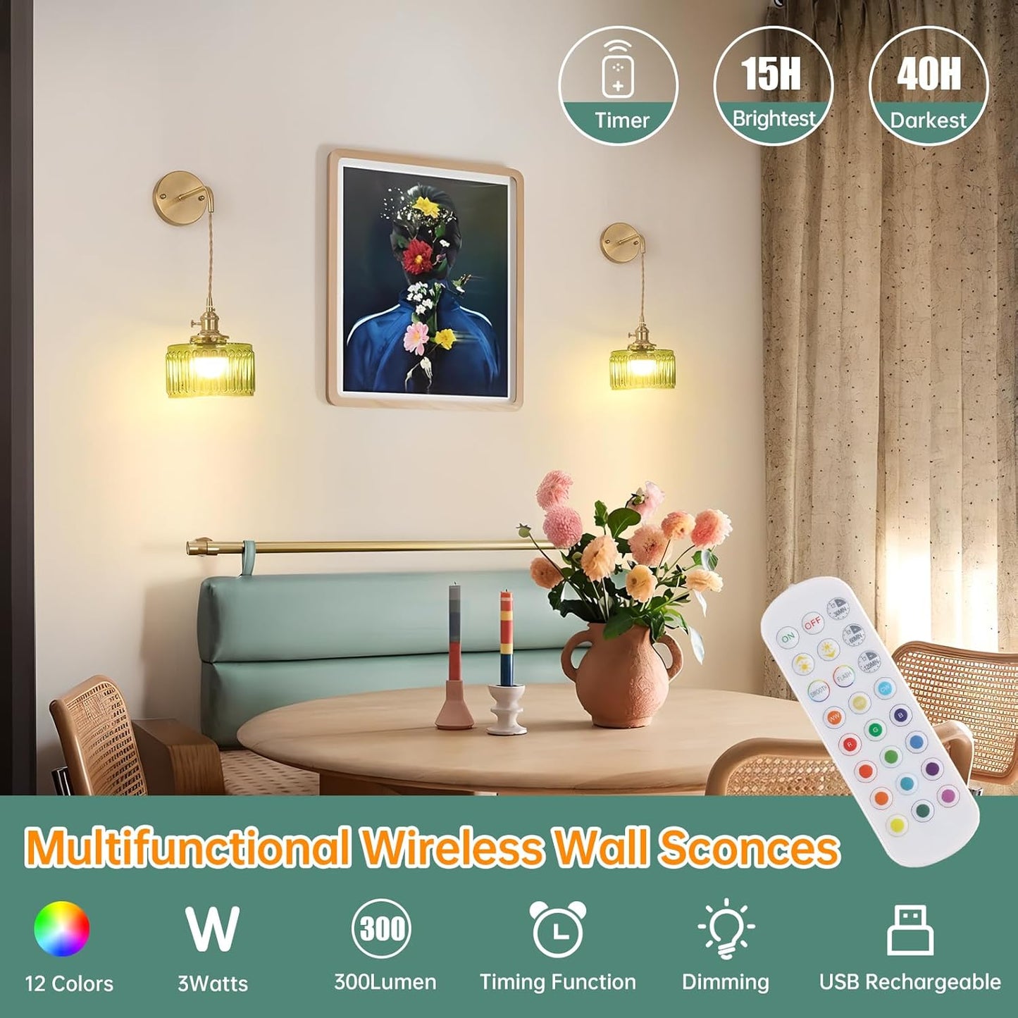 Shenmoyl Vintage Battery Operated Wall Sconce with Clear Striped Glass Lampshade 5000 mAh Rechargeable Battery Powered Wall Light with Remote Control for Bedside Bedroom Doorway, Set of 2