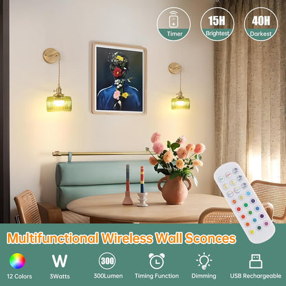 Shenmoyl Vintage Battery Operated Wall Sconce with Clear Striped Glass Lampshade 5000 mAh Rechargeable Battery Powered Wall Light with Remote Control for Bedside Bedroom Doorway, Set of 2