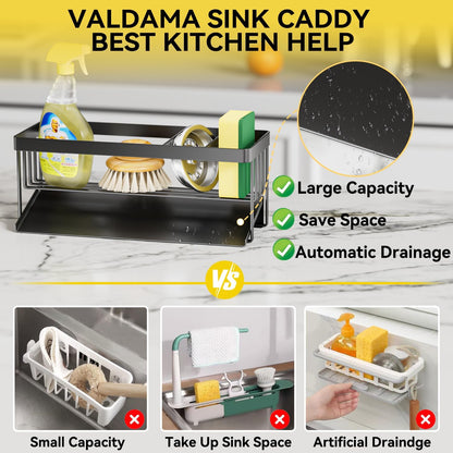 Kitchen Sink Caddy Organzier with Sponge Holder and Removable Drip Tray for Kitchen Sink, 304 Stainless Steel Organize for Sponge Soap Dish Brush Storage Accessories(Black)