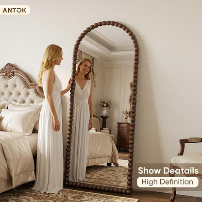 Antok 58" x 21" Arched Full Length Mirror, Antique Beaded Frame Floor Standing or Wall Mounted Mirror with Stand for Bedroom, Entryway, Brown, Luxury Style