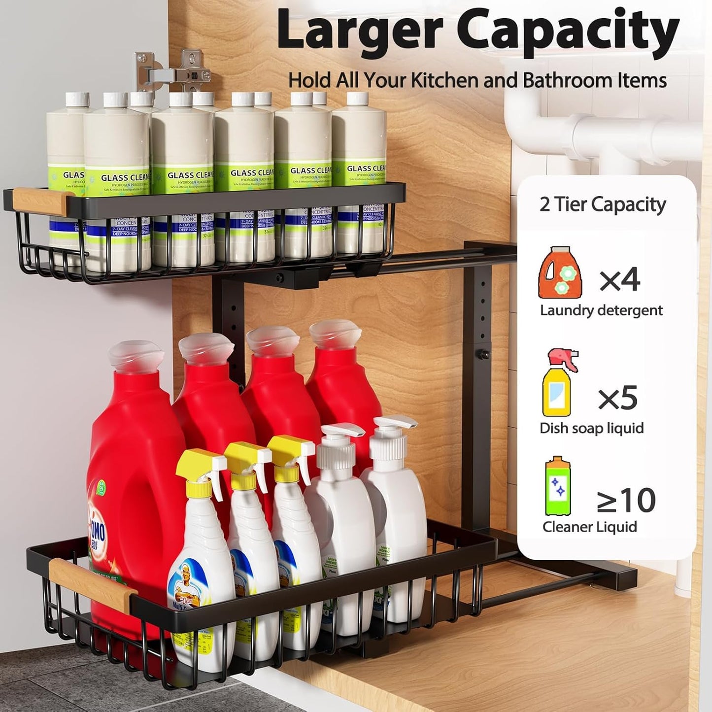 Liuoud Under Sink Organizer 2 Pack, 2 Tier Slide Out Large Capacity Height Adjustable Under Sink Organizers and Storage for Kitchen Bathroom Cabinet, White