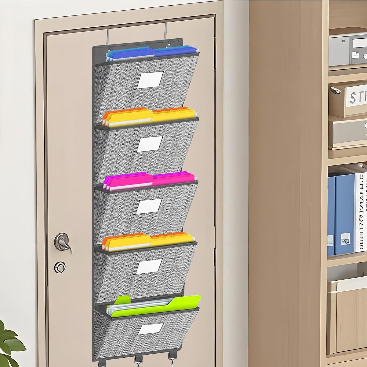 homyfort Over the Door File Organizer, Wall Hanging File Folders with 5 Large Pocket for Mails, Magazines, Back to School Supplies,Office Chart Storage, Paper Organization (Grey)