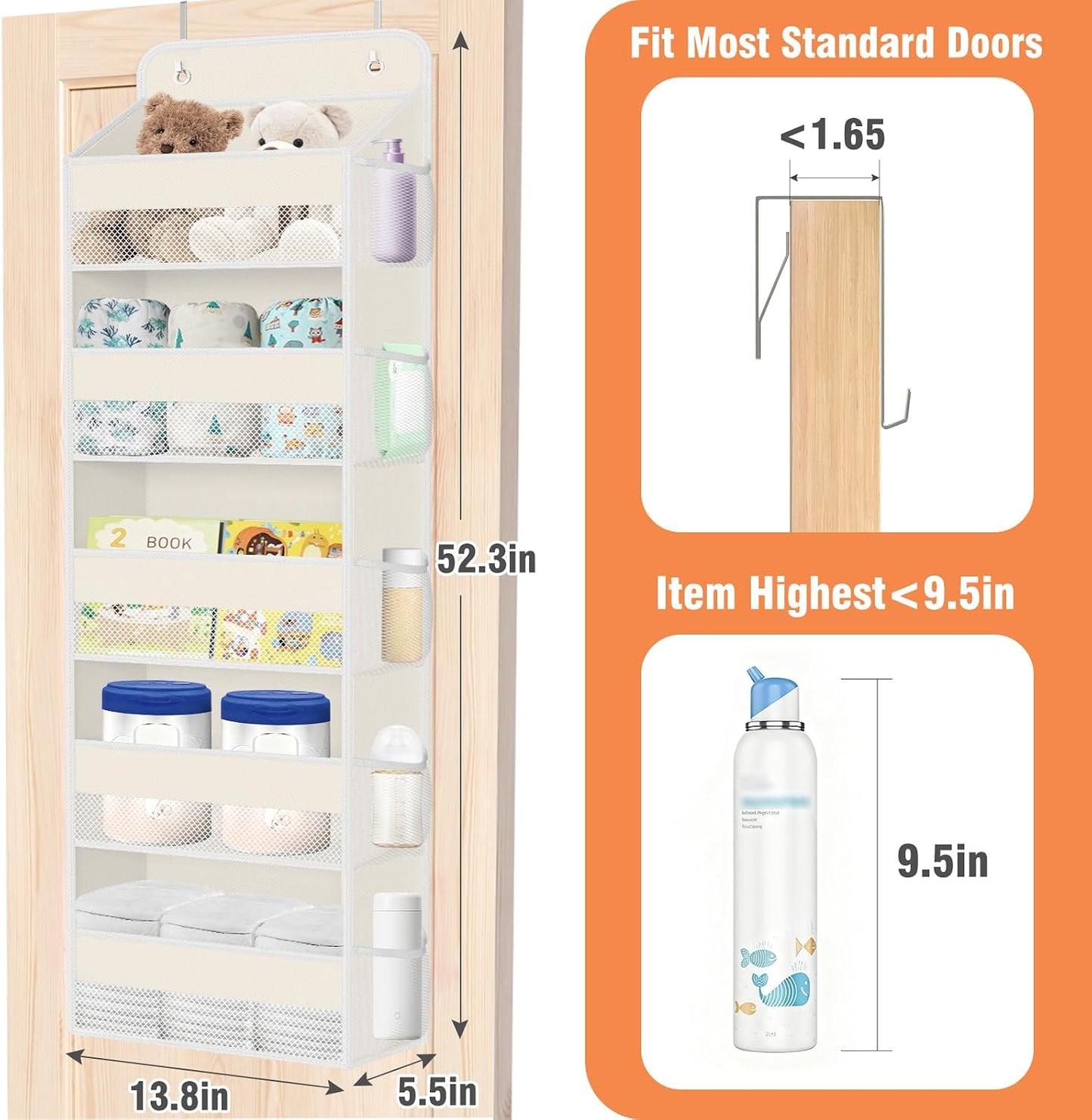 WISELIFE Over The Door Organizer Storage 4 Shelves Large Capacity Hanging Bedroom Storage Solution with 6 Side Pockets for Dorm Bathroom Pantry Nursery and Baby Essentials Holds up to 40 Lbs (Black)