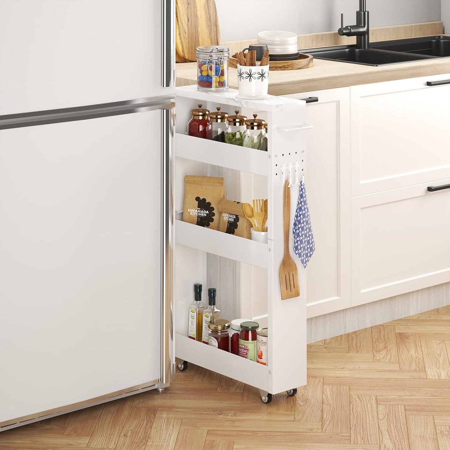 XYZLVSI Slim Storage Cart, Narrow Kitchen Rolling Cart for Small Spaces | 5.9" W skinny storage cart, 12.4" bottom metal utility cart with 360° swivel wheels for bathroom/laundry, slim shelf, white