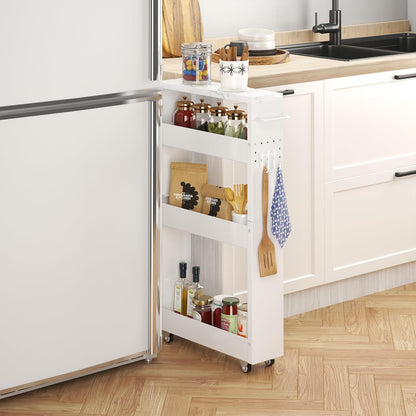 XYZLVSI Slim Storage Cart, Narrow Kitchen Rolling Cart for Small Spaces | 5.9" W skinny storage cart, 12.4" bottom metal utility cart with 360° swivel wheels for bathroom/laundry, slim shelf, white