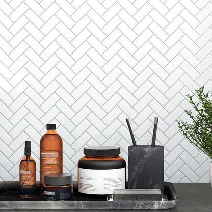Peel and Stick Backsplash Herringbone White 10 Sheet Peel and Stick Shower Tile Waterproof 3D Tile Sticker Glossy Self Adhesive Renter Friendly Backsplash Herringbone for Kitchen Bathroom Laundry Room