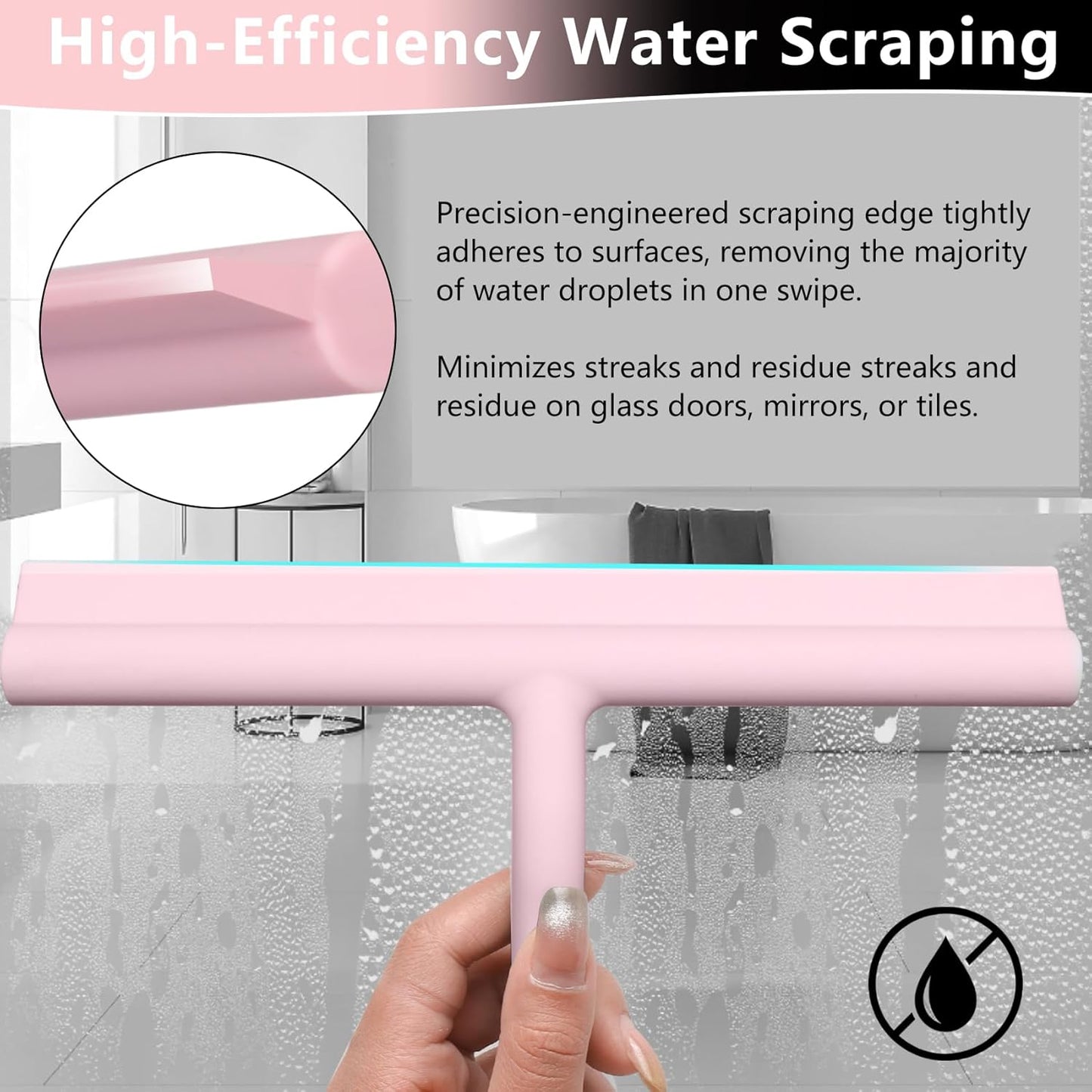 Squeegee for Shower Glass Doors, Resilient Loop - No-Drill & Adhesive Hook, Silicone Shower Squeegee with Stainless Steel Core, Cleaning Tool for Home, Kitchen, Bathroom & Car - Black
