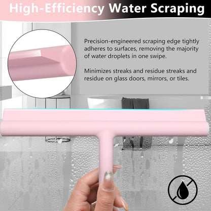 Squeegee for Shower Glass Doors, Resilient Loop - No-Drill & Adhesive Hook, Silicone Shower Squeegee with Stainless Steel Core, Cleaning Tool for Home, Kitchen, Bathroom & Car - Black