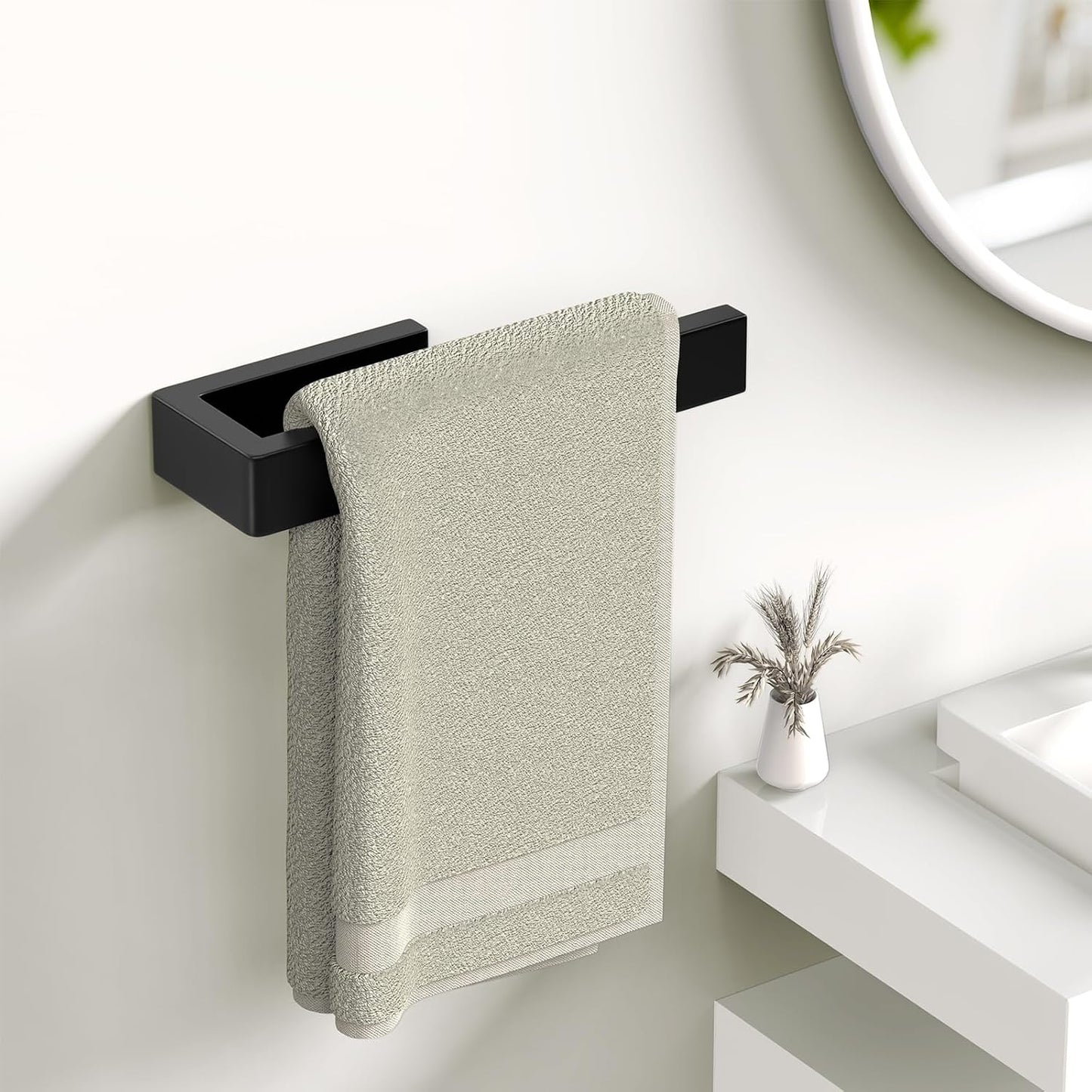 HUFEEOH 2 Pack Adhesive Hand Towel Holder, Kitchen Towel Rack Towel Bars Wall Mounted, Stainless Steel Bath Towel Hanger for Bathroom Hotel Kitchen (White, 8 Inch(2PC))