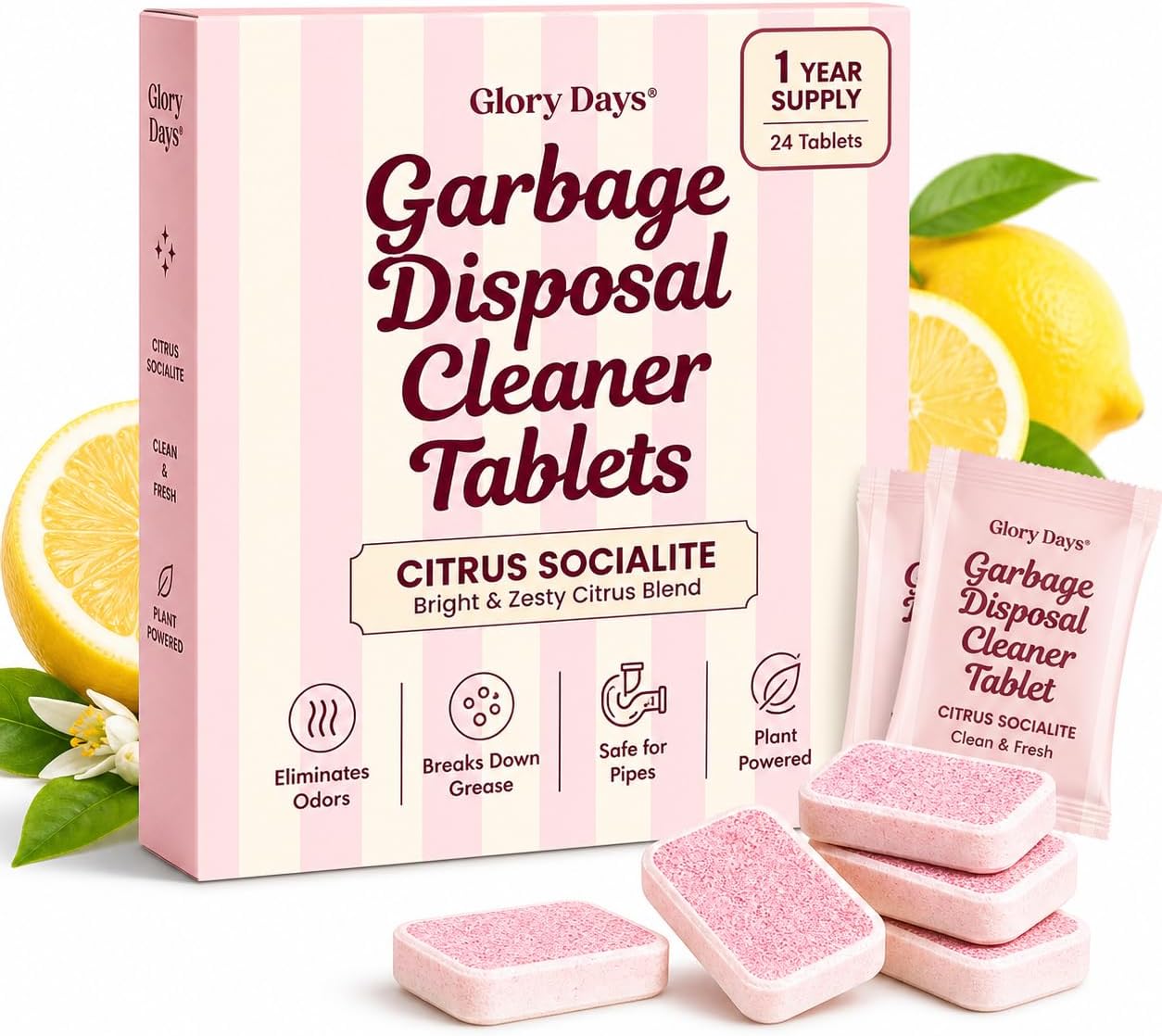 Glory Days Garbage Disposal Cleaner and Deodorizer Tablets | Foaming Citrus Drain Freshener, Sink Odor and Grease Buildup Remover, Septic Safe, Plant Based, Plastic Free