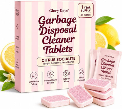 Glory Days Garbage Disposal Cleaner and Deodorizer Tablets | Foaming Citrus Drain Freshener, Sink Odor and Grease Buildup Remover, Septic Safe, Plant Based, Plastic Free
